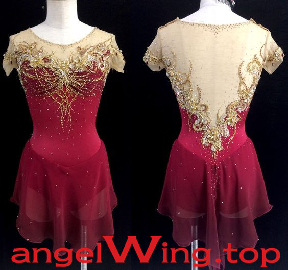 Wine Red Ice Skating Dresses Girls Women Flower 2018 A036 - Click Image to Close